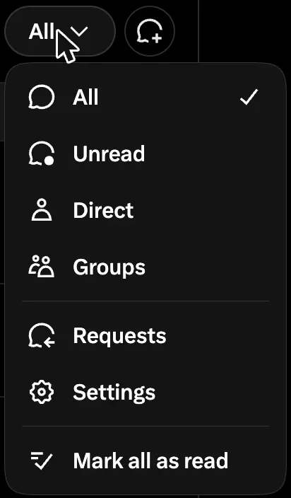 The All menu open at the top of the Chat list on x.com, with Requests listed below Groups