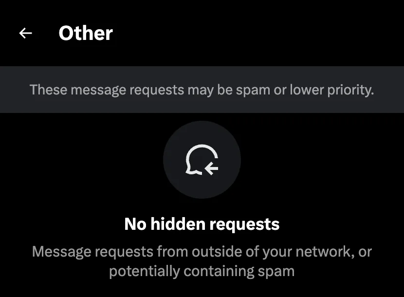 The empty Other tab on x.com under the line: These message requests may be spam or lower priority