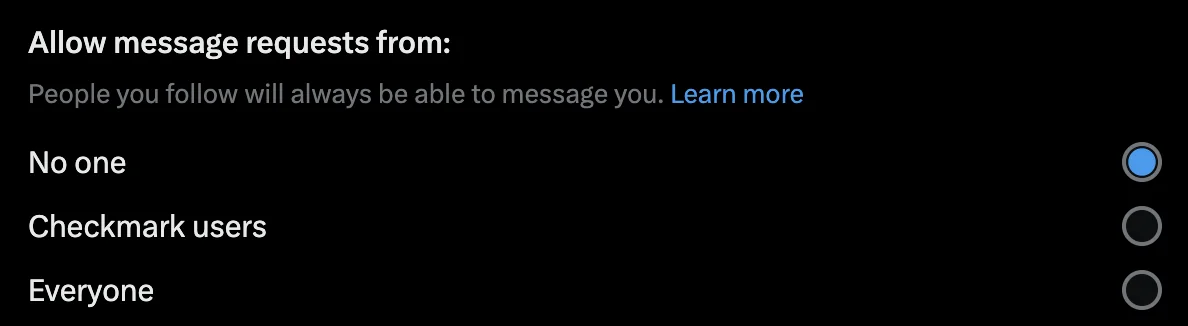 Allow message requests from, on x.com, with three choices: No one, Checkmark users and Everyone